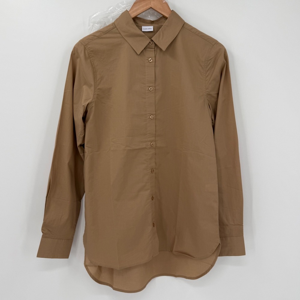 NWT LASCANA 100% Cotton Camel Button Front Collared Shirt US 2